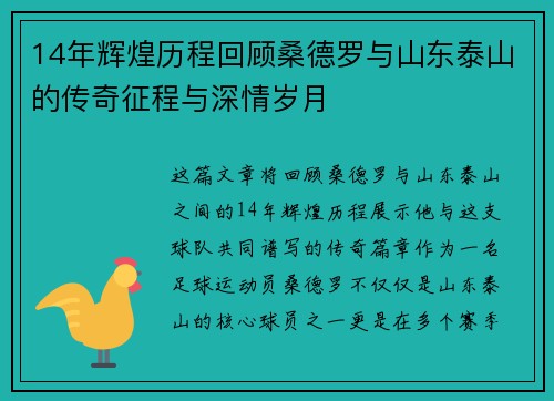 14年辉煌历程回顾桑德罗与山东泰山的传奇征程与深情岁月