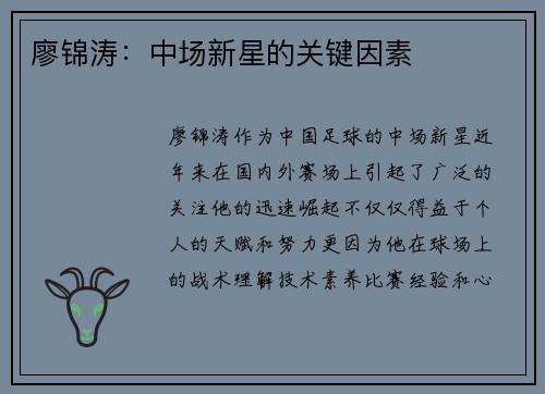 廖锦涛：中场新星的关键因素