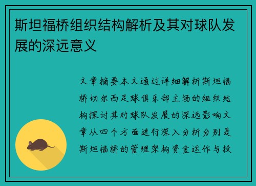 斯坦福桥组织结构解析及其对球队发展的深远意义 斯坦福桥组织结构解析及其对球队发展的深远意义